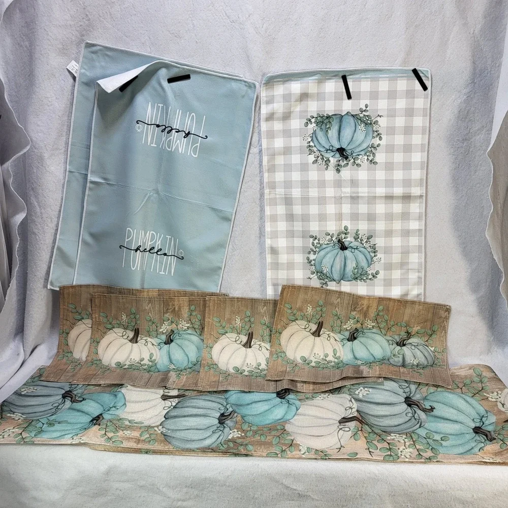 Pumpkin Kitchen Placemats Towel Set Table Runner Blue White Farmhouse Fall Decor